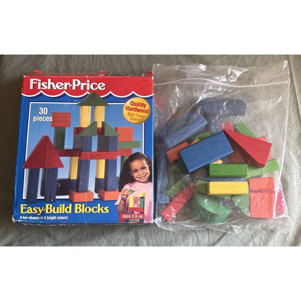 Vintage 1997 Fisher Price Colored Wood Blocks Set Shapes Colors Complete